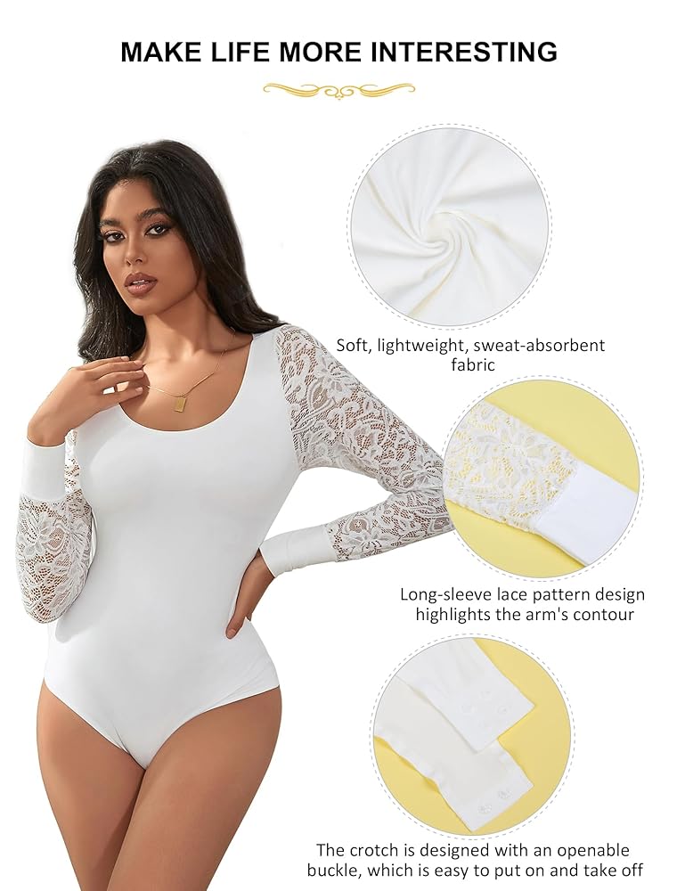 Amazon.com: ohmydear Women Lace Long Sleeve Bodysuit Sexy
